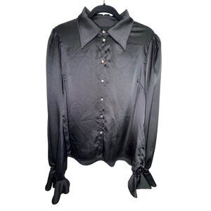 Fashion Nova Black Satin Long Sleeve Button-Up Blouse XL Goth Vampire‎ Victorian